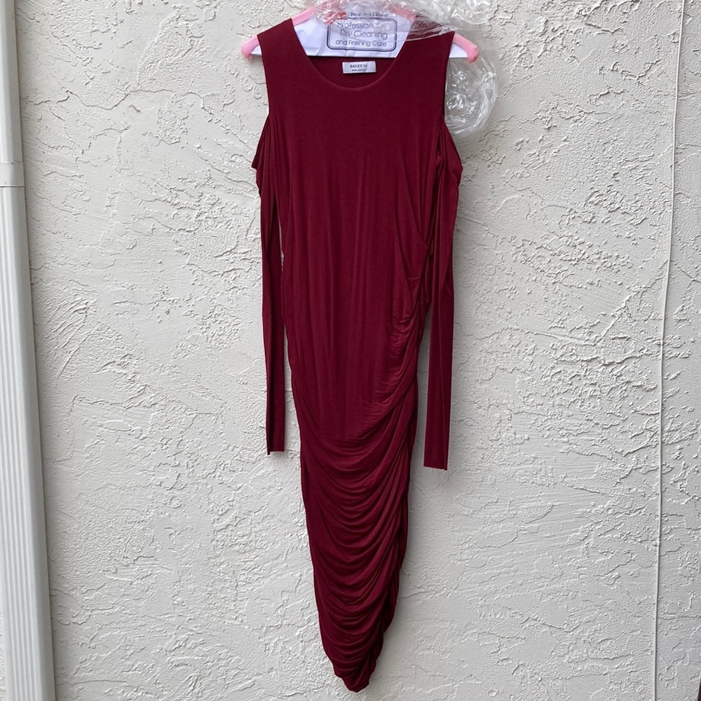 Bailey/44 Cold shoulder long sleeve highly ruched, Ruby Red dress,Size medium.